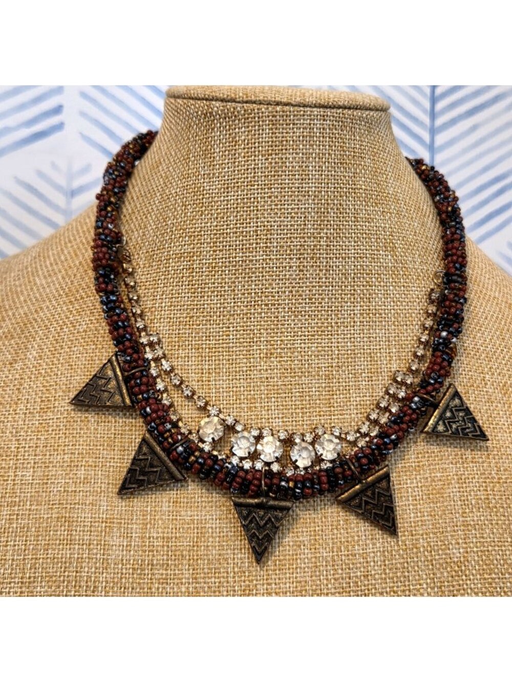 You and I Vintage Beaded 18" Tribal Statement Necklace Rhinestone Accents